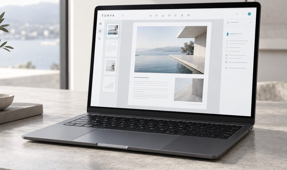 Product design concept for TURYA Clarinth shown on a realistically proportioned laptop in a premium light workspace.