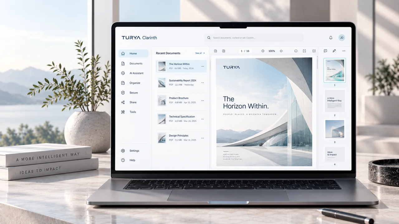 Product design direction for TURYA Clarinth shown in an architectural workspace.