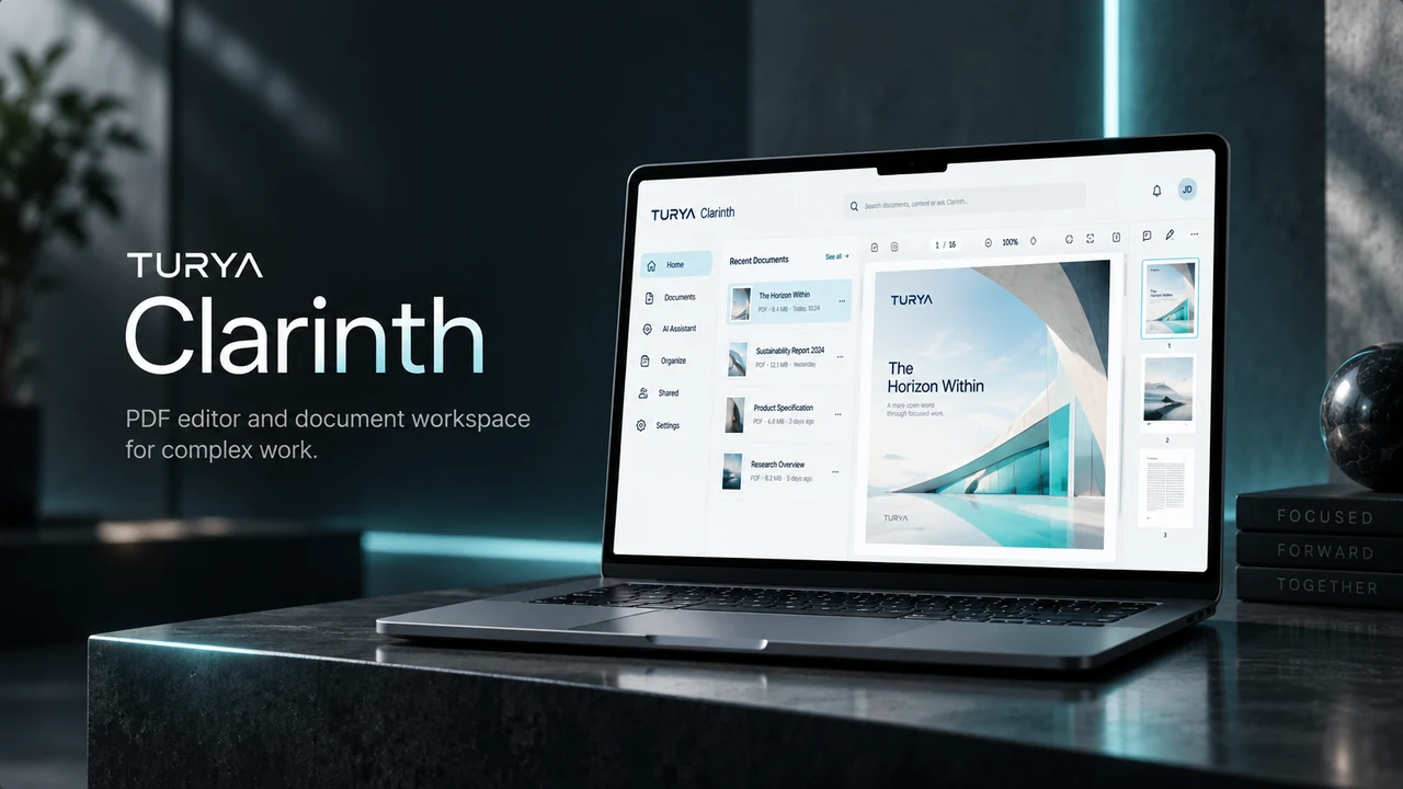 TURYA Clarinth product design direction shown on a proportionate laptop.