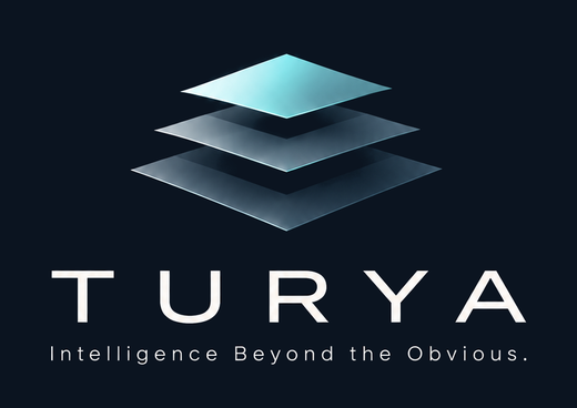 The TURYA master logo: the Fourth State symbol of three layered planes above the TURYA wordmark and the line Intelligence Beyond the Obvious.